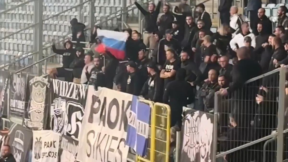 Rosyjska flaga na meczu Dynama Kijów w Lublinie. Kibice PAOK-u i Widzewa razem na sektorze